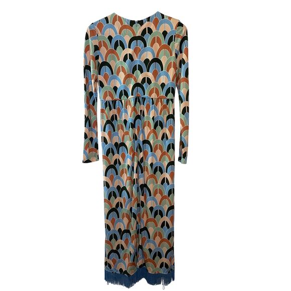 Cara Cara Multicolor Geometric Print Midi Dress with Blue Fringe Hem Size Small - Picture 2 of 10